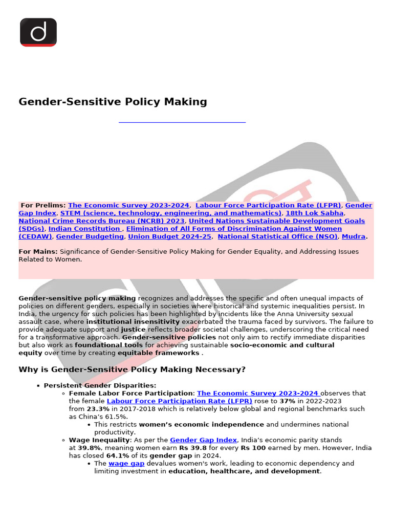 Gender-Sensitive Policy Making in India | PDF | Gender Equality ...