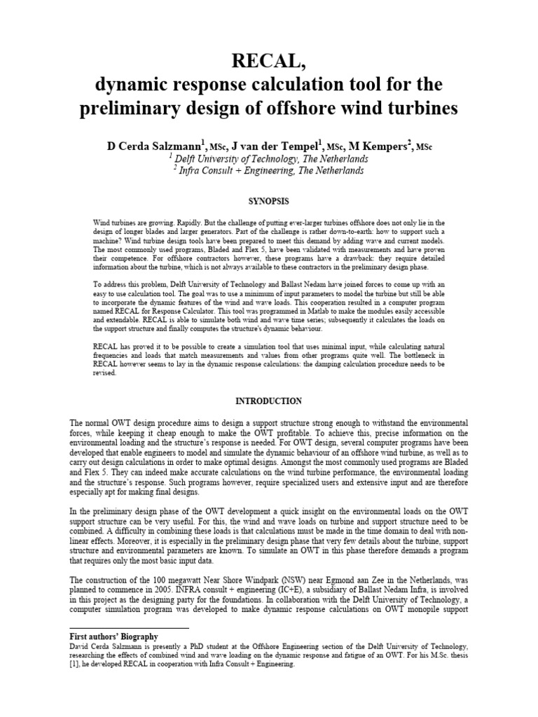 RECAL, Dynamic Response Calculation Tool For The Preliminary Design of ...
