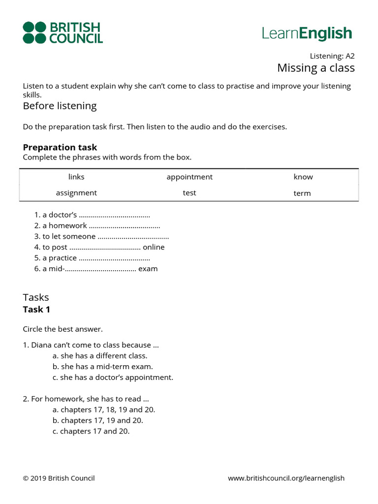 Listening Exercise: Class Absence Reasons | PDF