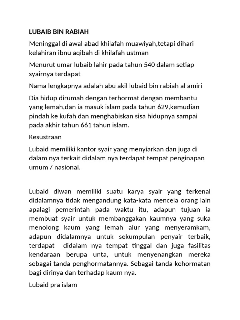 Biografi Lubaid Bin Rabiah: Penyair Islam | PDF