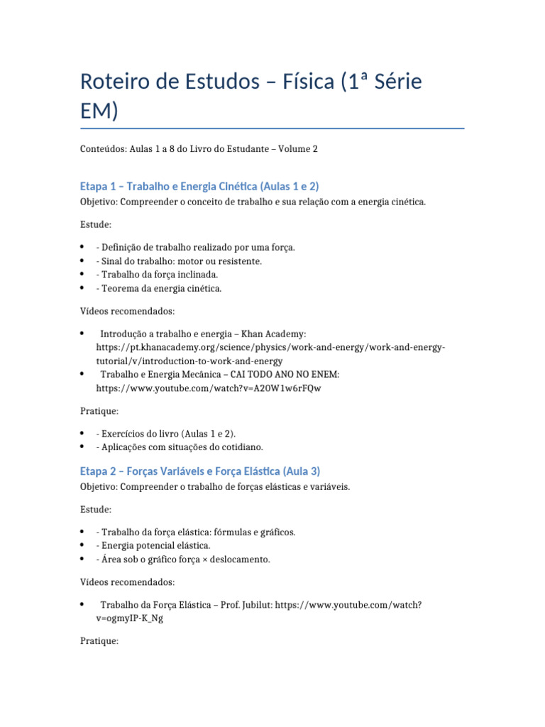 Roteiro Estudos Fisica 1EM Aulas1a8 | PDF | Energia potencial ...