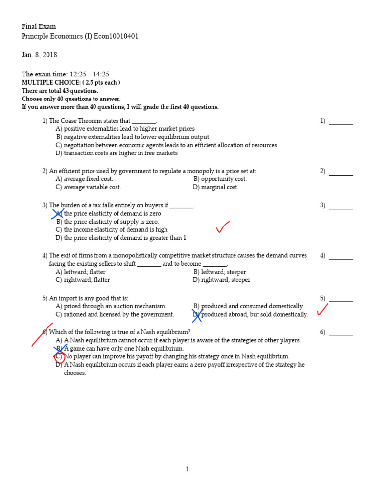 Economics Final Exam Questions | PDF | Economic Equilibrium | Monopoly