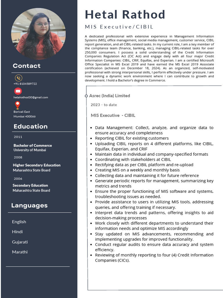 Hetal Rathod: MIS Executive Profile | PDF | Microsoft Excel | Social Media