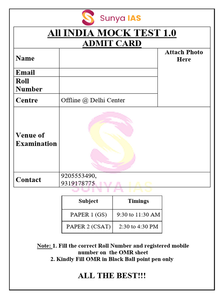 All INDIA MOCK TEST Admit Cards-261 Prathamesh | PDF