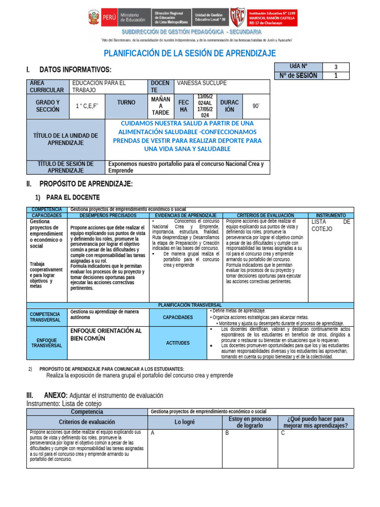 Sesión de Aprendizaje N°1 UNIDAD 3 PRIMERO 2024 | PDF | Evaluación ...