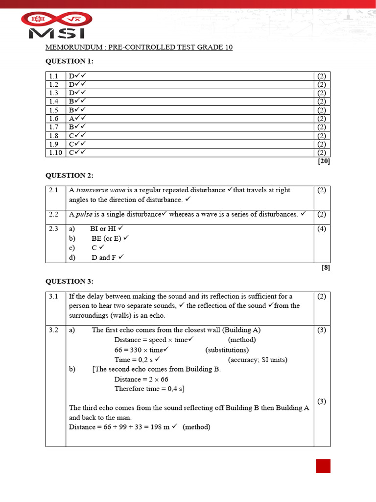 Grade 10 Pre-Controlled Test Answers | PDF | Sound | Electrodynamics