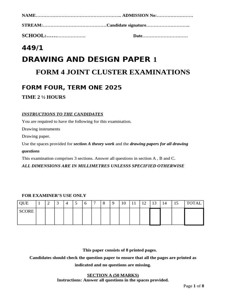Form 4 Drawing Exam Paper 1 | PDF | Geometry