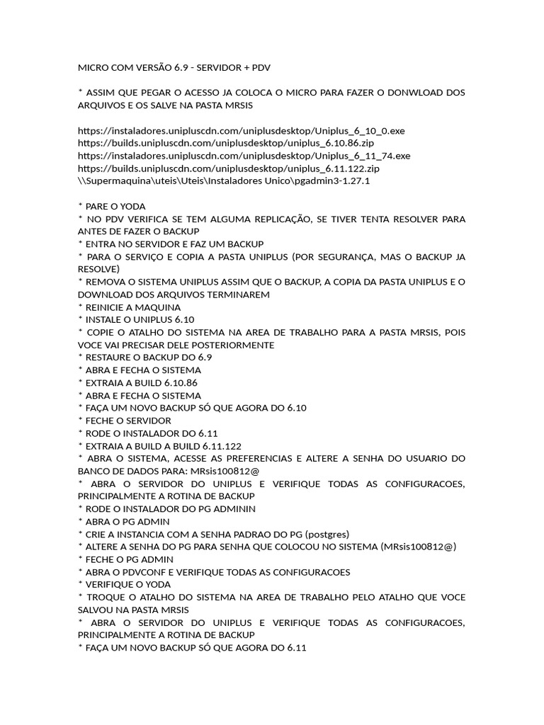 Atualização do Uniplus: Versão 6.9 para 6.11 | PDF