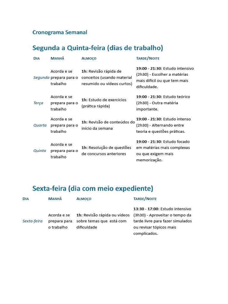 Cronograma Semanal de Estudos para Concursos | PDF