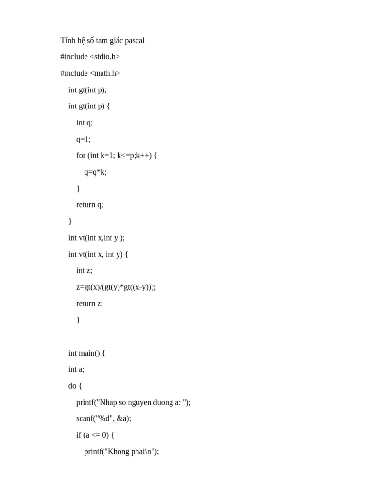 Tính Hệ Số Tam Giác Pascal C++ | PDF