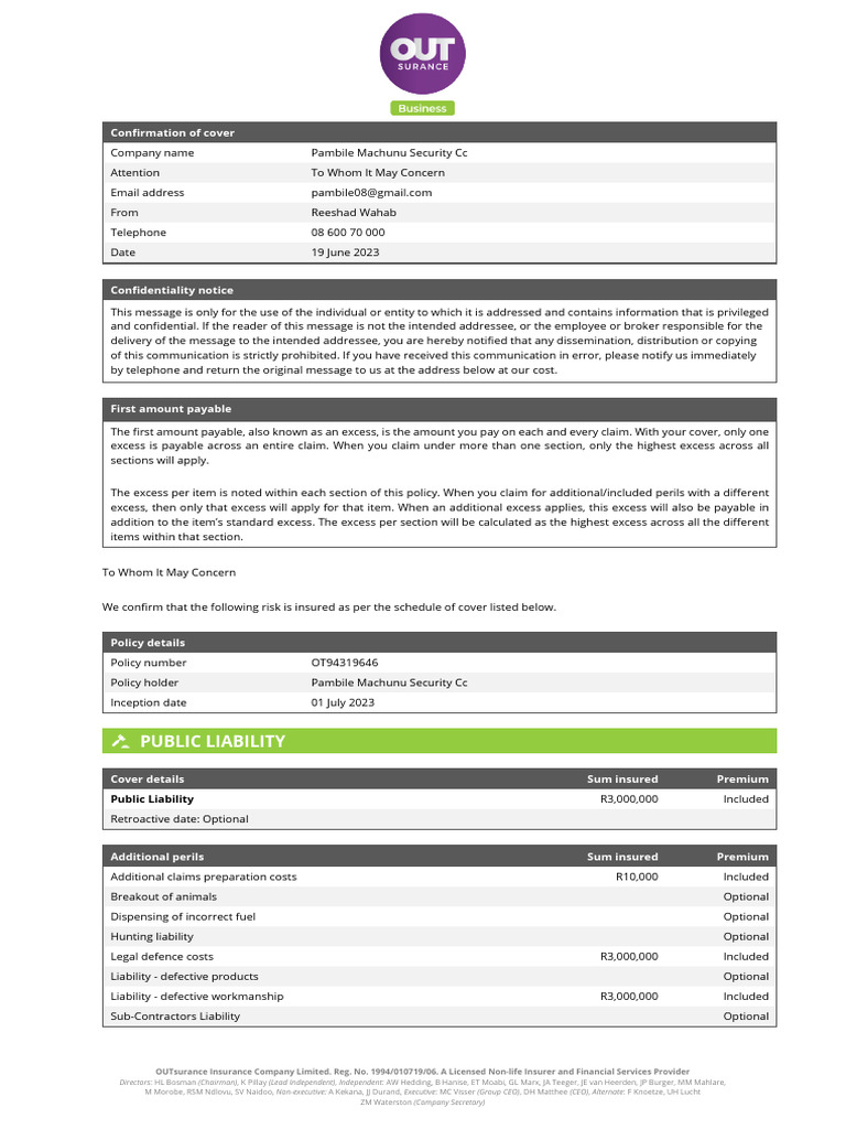OUTsurance Public Liability Insurance Details | PDF | Legal Liability ...