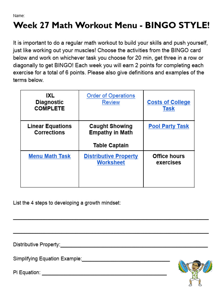 Week 27 Math Workout Menu - BINGO Style! 2023 | PDF | Mathematics | Algebra