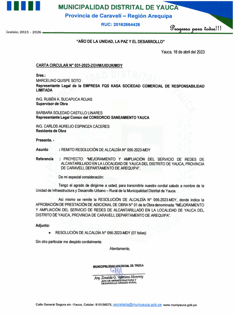 CARTA CIRCULAR N° 031-2023-ZGVM-UIDUR-MDY | PDF