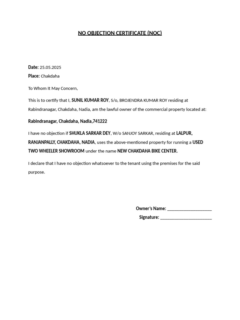 No Objection Certificate for Bike Showroom | PDF
