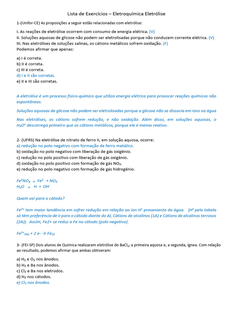 Exercícios sobre Eletrólise e Eletroquímica | PDF | Cloro | Eletroquímica