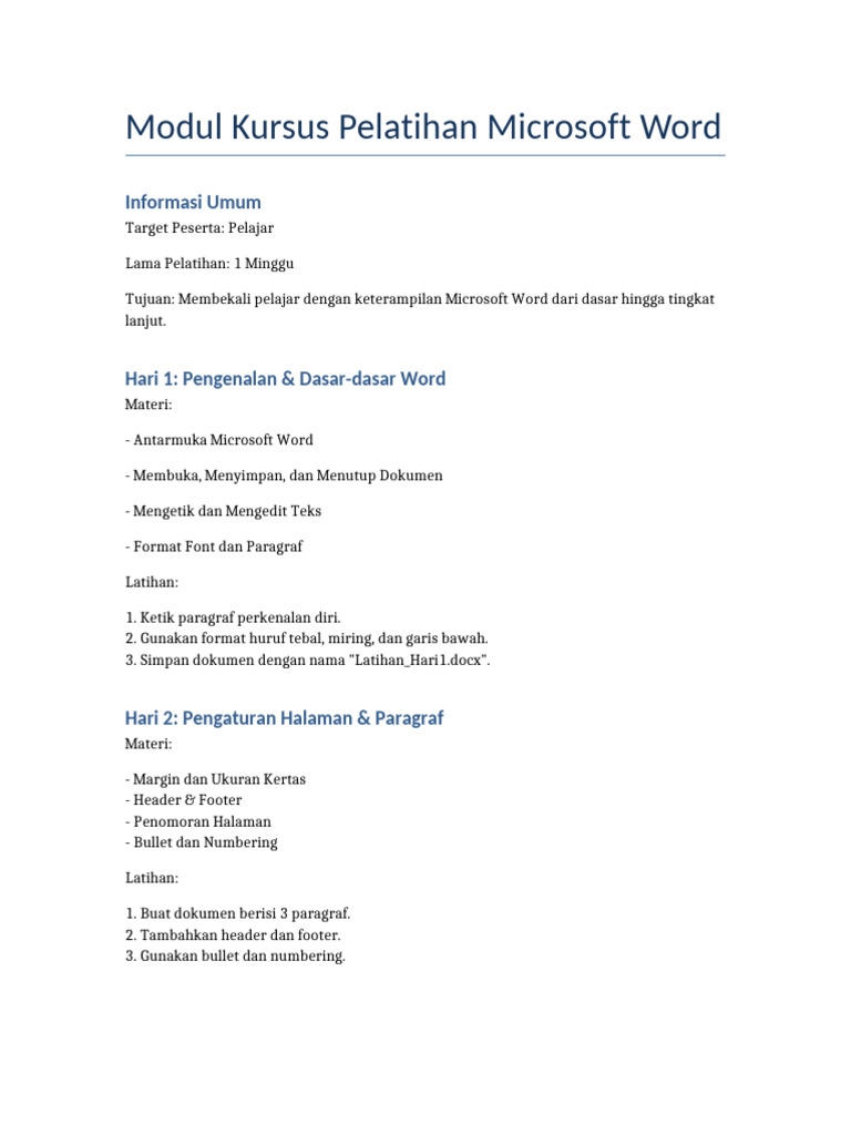 Modul Pelatihan Microsoft Word Pelajar Pdf