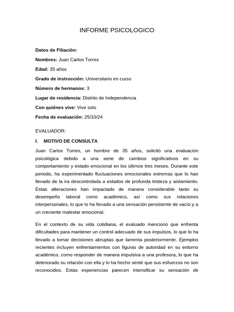 Informe Psicológico de Juan Carlos Torres | PDF | Las emociones | Ansiedad