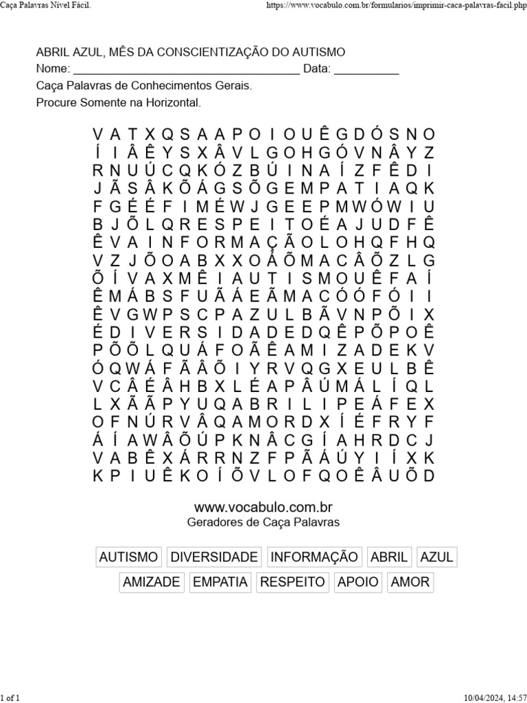 Caça Palavras: Conscientização do Autismo | PDF