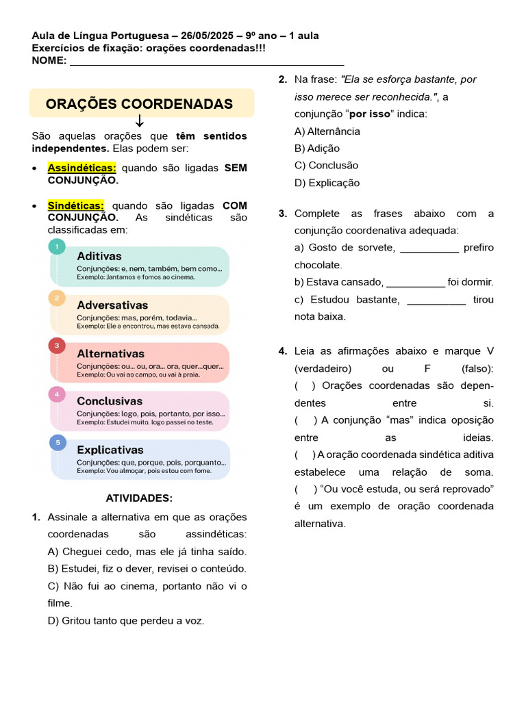 Exercícios sobre Orações Coordenadas | PDF