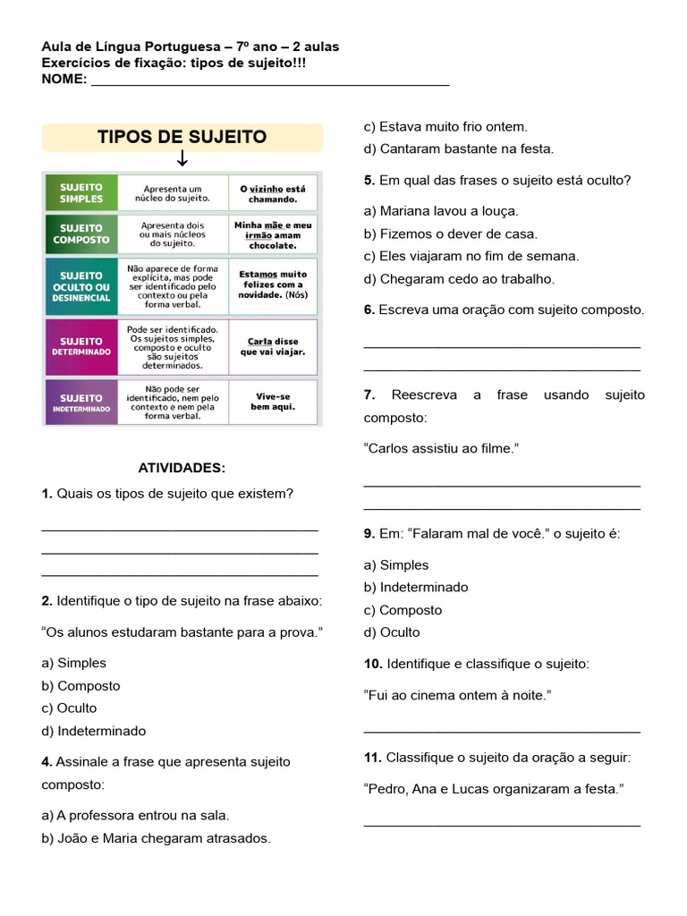 Atividades sobre Tipos de Sujeito 7º Ano | PDF | Assunto (gramática)