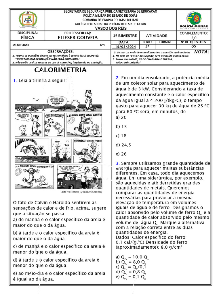 Atividade de Física: Calorimetria e Termologia | PDF | Calor | Temperatura
