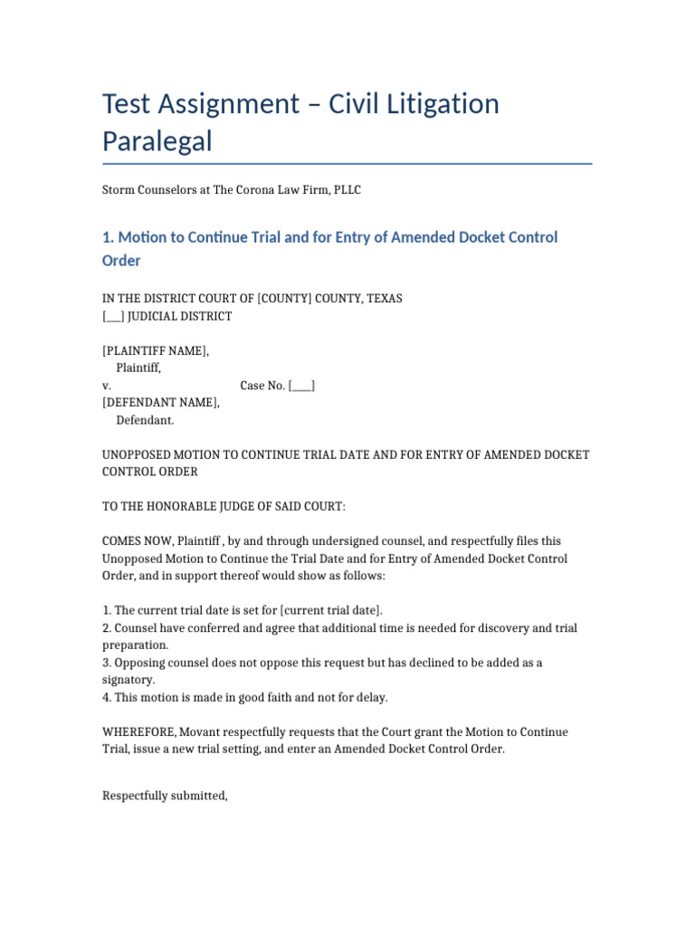 Unopposed Motion to Continue Trial Date | PDF | Discovery (Law ...