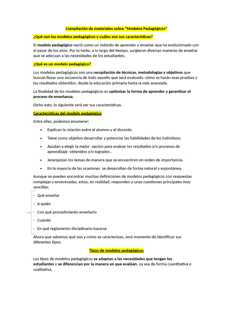 Modelos Pedagógicos: Tipos y Características | PDF | Aprendizaje ...