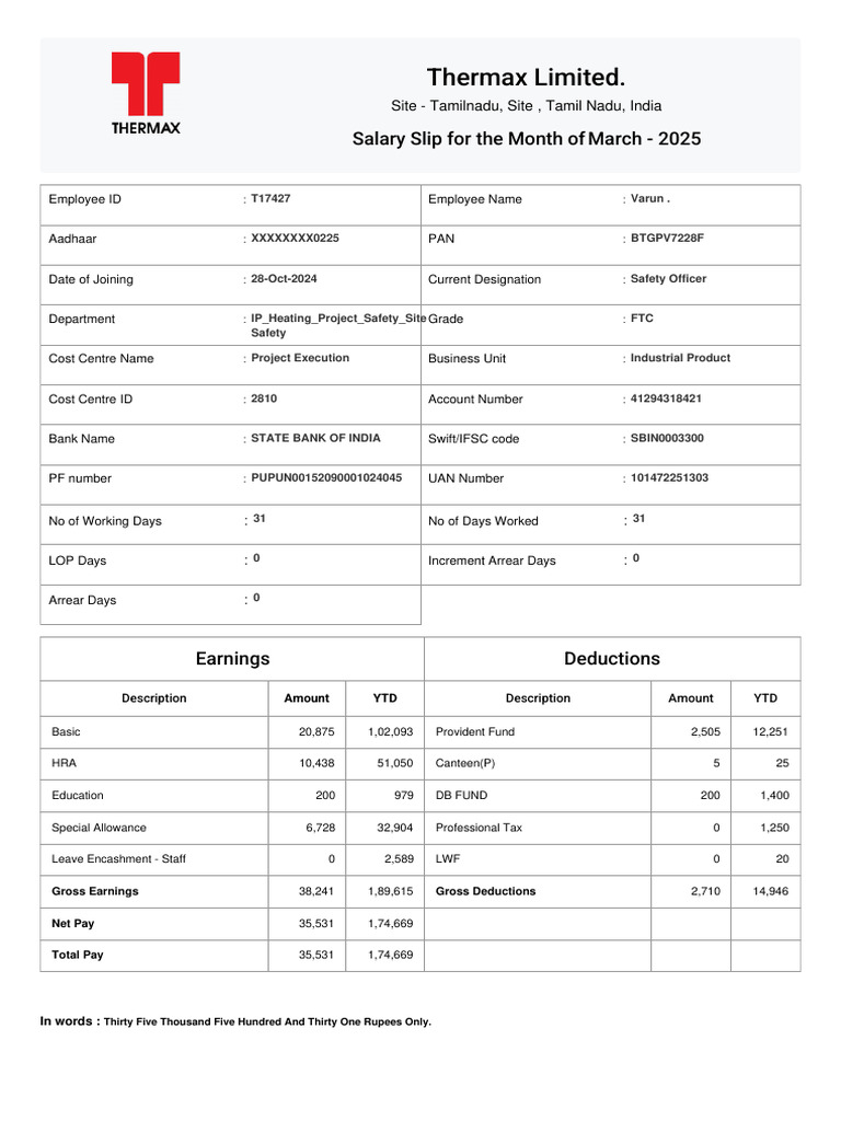 Thermax Limited.: Salary Slip For The Month of March - 2025 | PDF | Tax ...