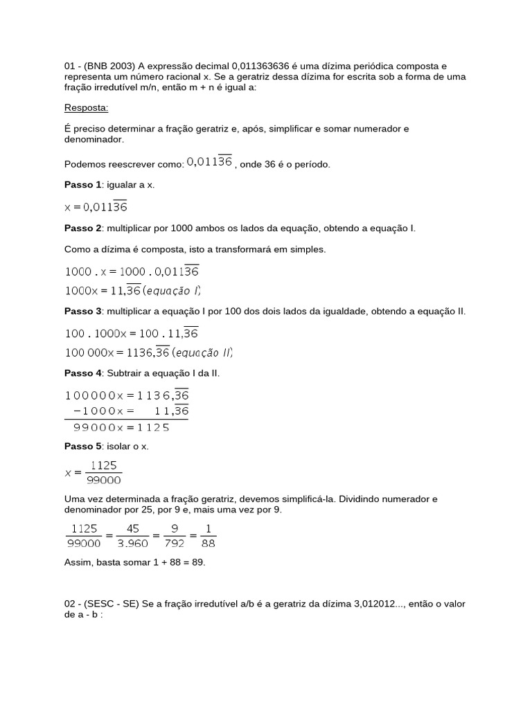 Exercícios sobre Dízima Periódica | PDF