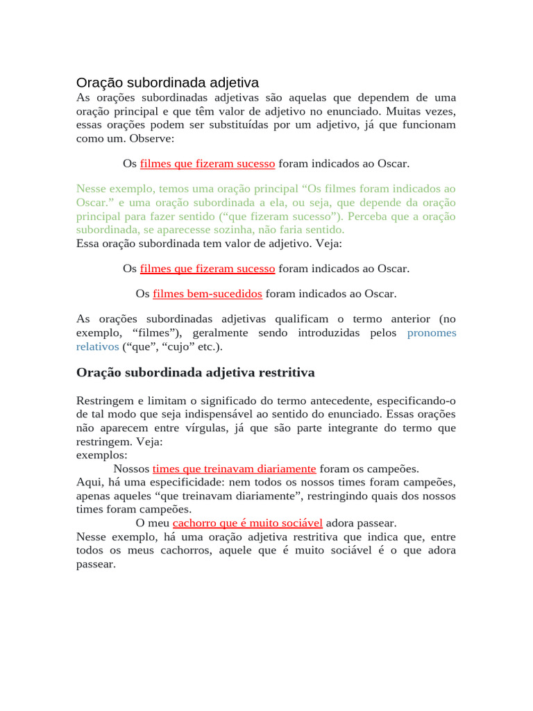 Oração Subordinada Adjetiva Restritiva | PDF