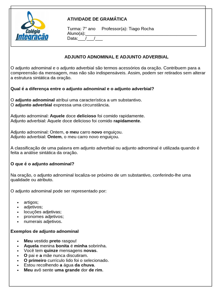 Atividades de Adjunto Adnominal e Adverbial | PDF | Advérbio | Linguística