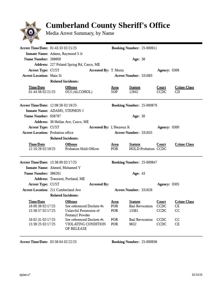 Cumberland County Arrest Summary | PDF | Crimes | Crime & Violence