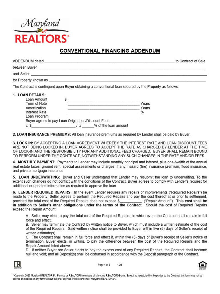 Conventional Financing Addendum Form | PDF | Loans | Insurance