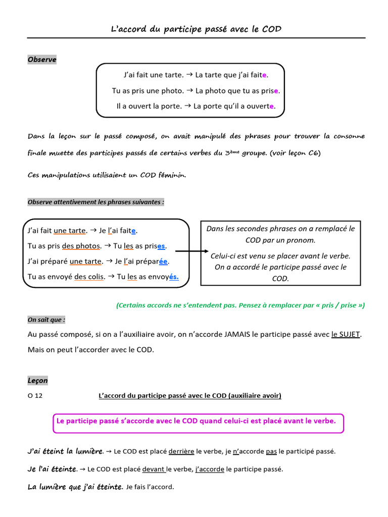 Accord du participe passé avec le COD | PDF | Complément d'objet ...