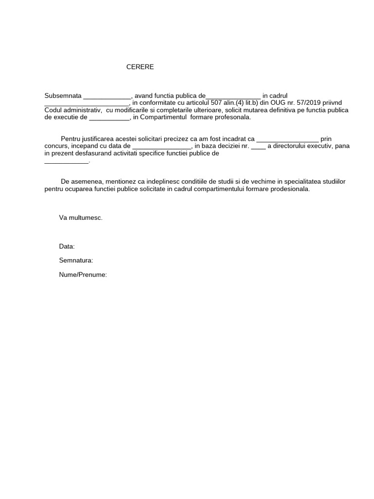 Cerere Mutare Definitiva Functionar Public | PDF