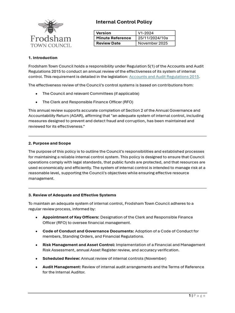 Frodsham Town Council Internal Control Policy | PDF | Internal Control ...