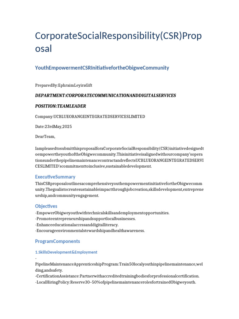 CSR Proposal Obigwe Youth | PDF