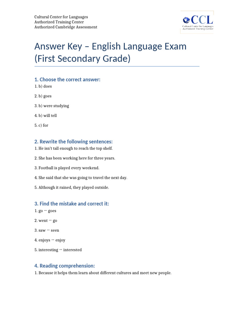 English Language Exam Answer Key | PDF