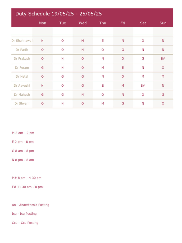 Duty Schedule: 19-25 May 2025 | PDF