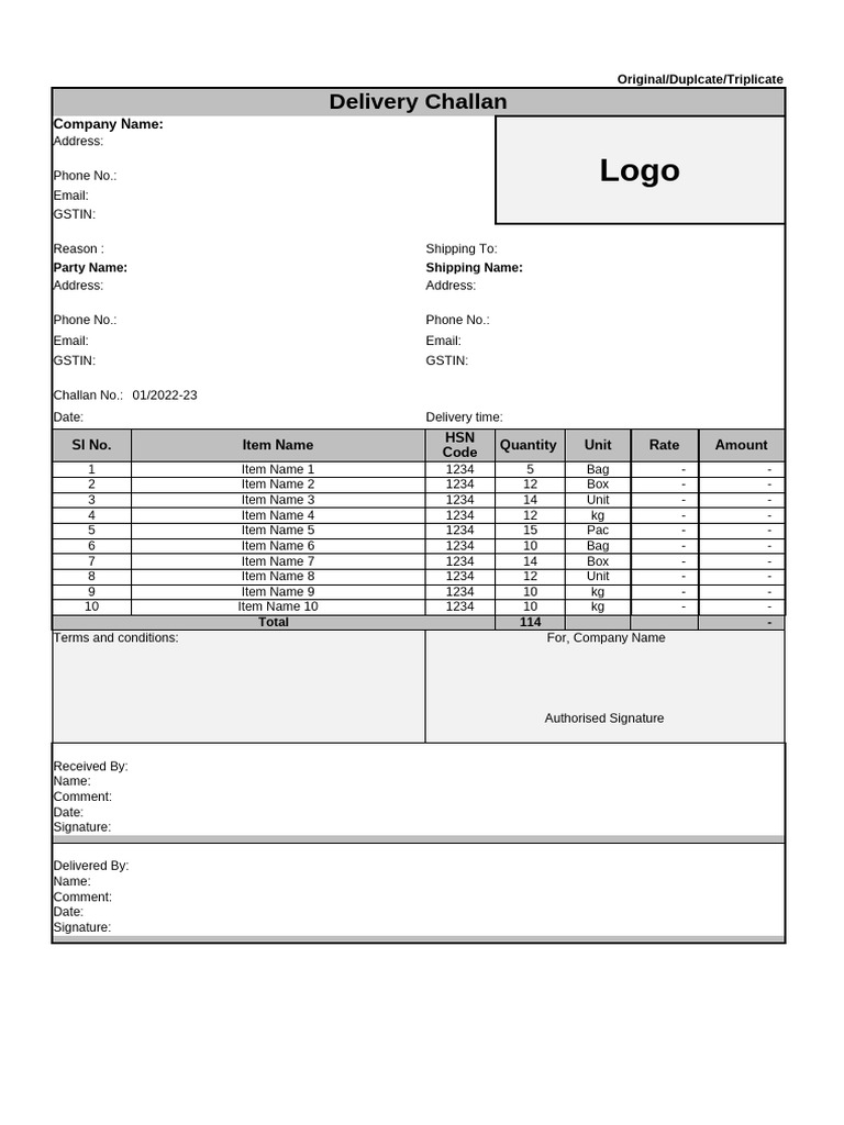Delivery Challan Template in Excel | PDF