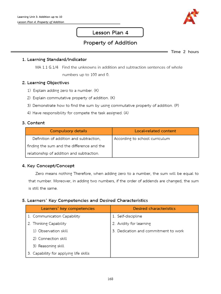 Lesson Plan 3-4 Properties of Addition | PDF | Learning | Lesson Plan