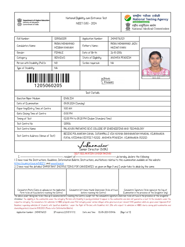 NEET UG 2024 Admit Card Details | PDF | Identity Document