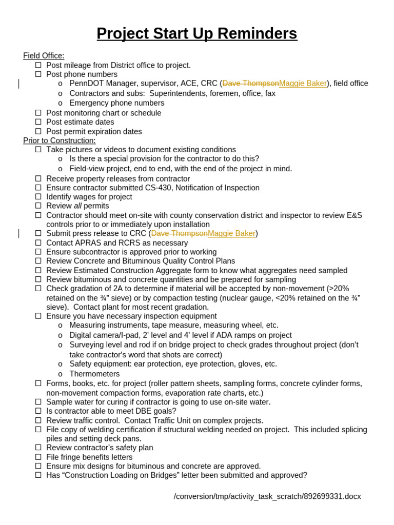 Project Start Up Reminders | PDF