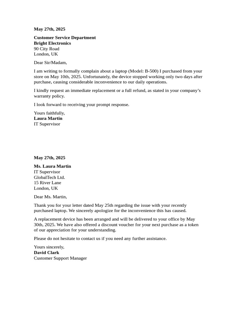 Laptop Complaint and Resolution Letter | PDF
