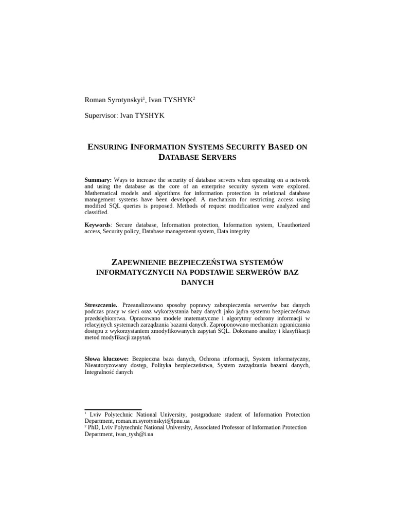Ensuring Information Systems Security Based On Database Servers | PDF ...
