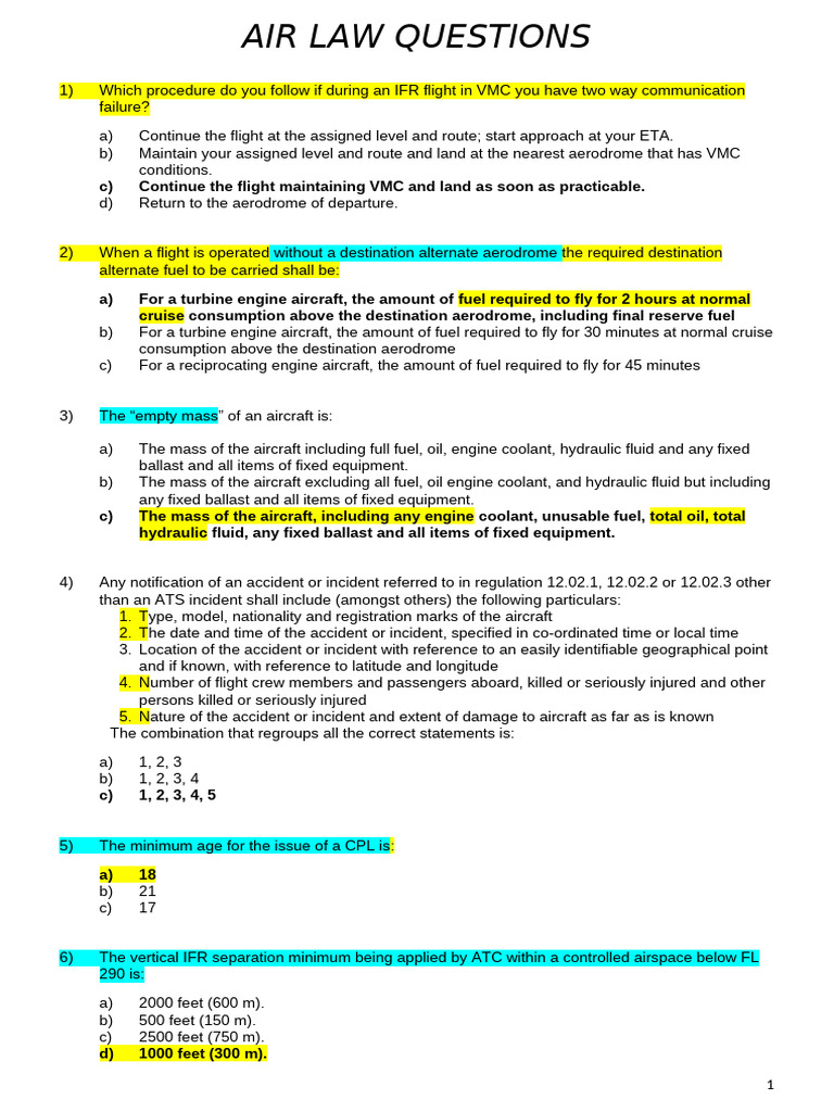 Air Law Exam Questions and Answers | PDF | Instrument Flight Rules ...