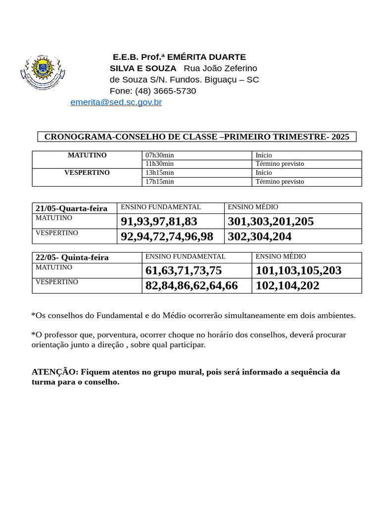Cronograma do Conselho de Classe 2025 | PDF
