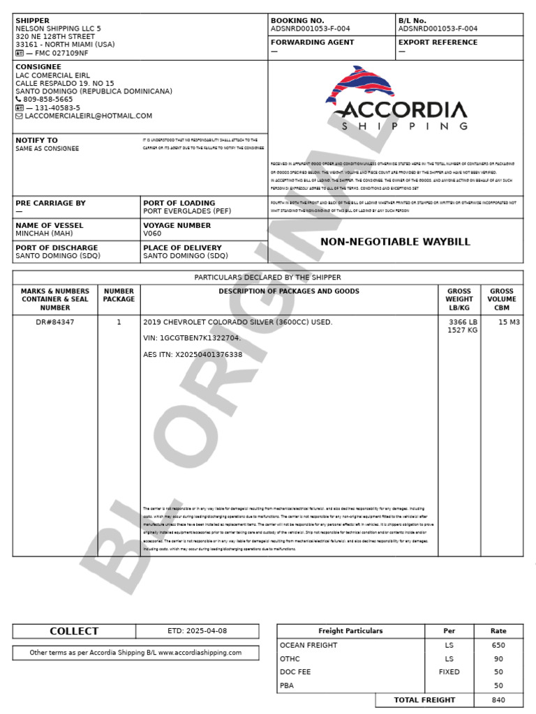 Shipping Details for Chevrolet Colorado | PDF | Bill Of Lading | Cargo