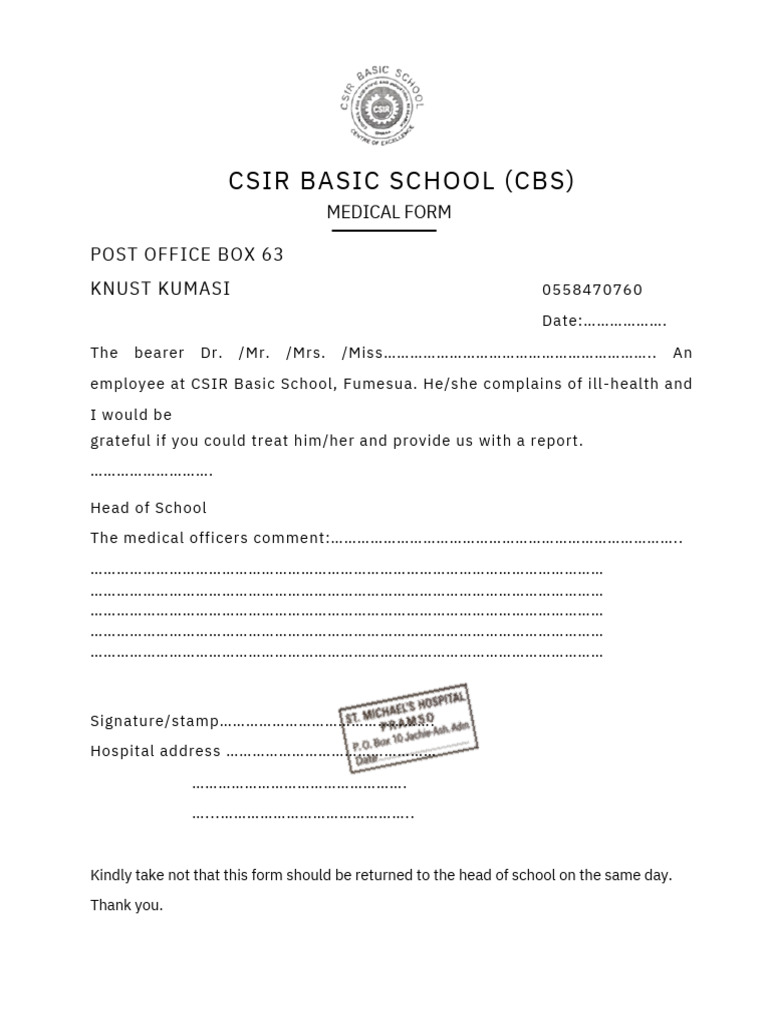 CSIR Basic School Medical Form | PDF