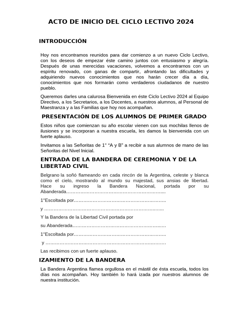 Inicio del Ciclo Lectivo 2024 en Escuela | PDF
